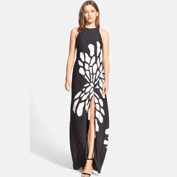 Halston Heritage Georgette Racerback Satin Maxi Dress | Black & White | Size 6 - Picture 1 of 8